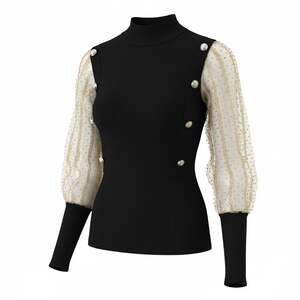 Chicwish Spliced Dotted Mesh Sleeve Buttoned Ribbed Mock Neck Knit Top in Black